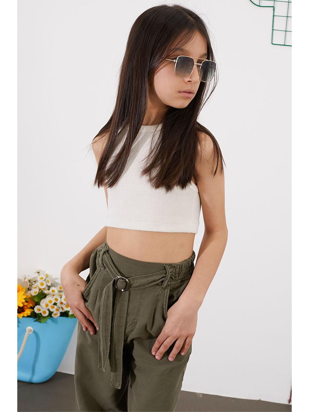 Haki Kuşaklı Beli Lastikli İspanyol Paça Kız Pantolon 18714-1