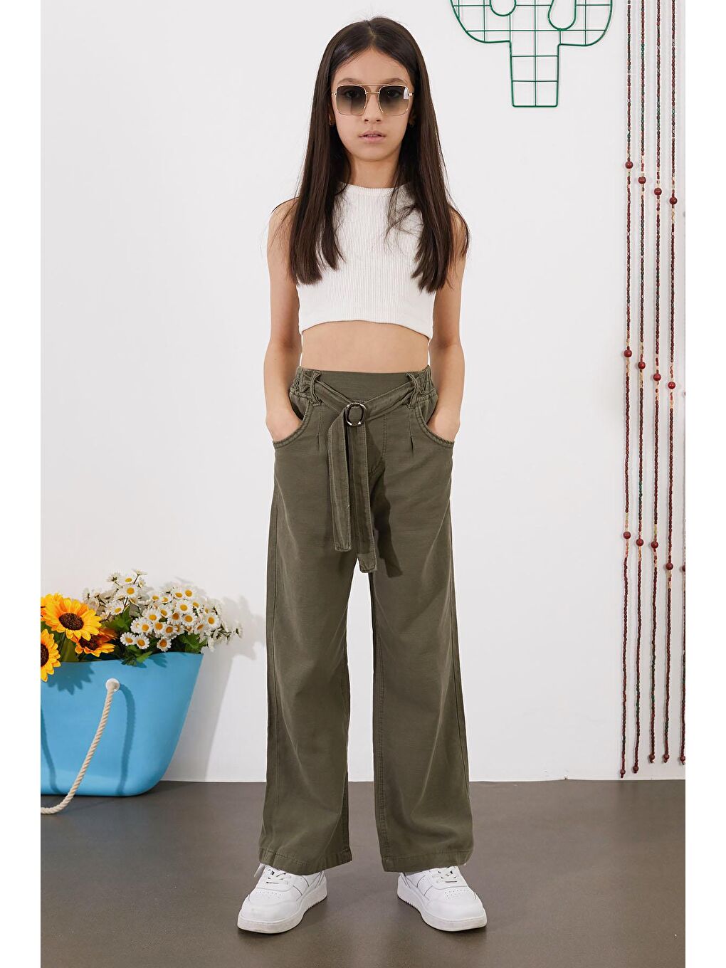 Haki Kuşaklı Beli Lastikli İspanyol Paça Kız Pantolon 18714-2