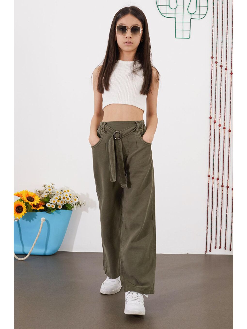 Haki Kuşaklı Beli Lastikli İspanyol Paça Kız Pantolon 18714-3