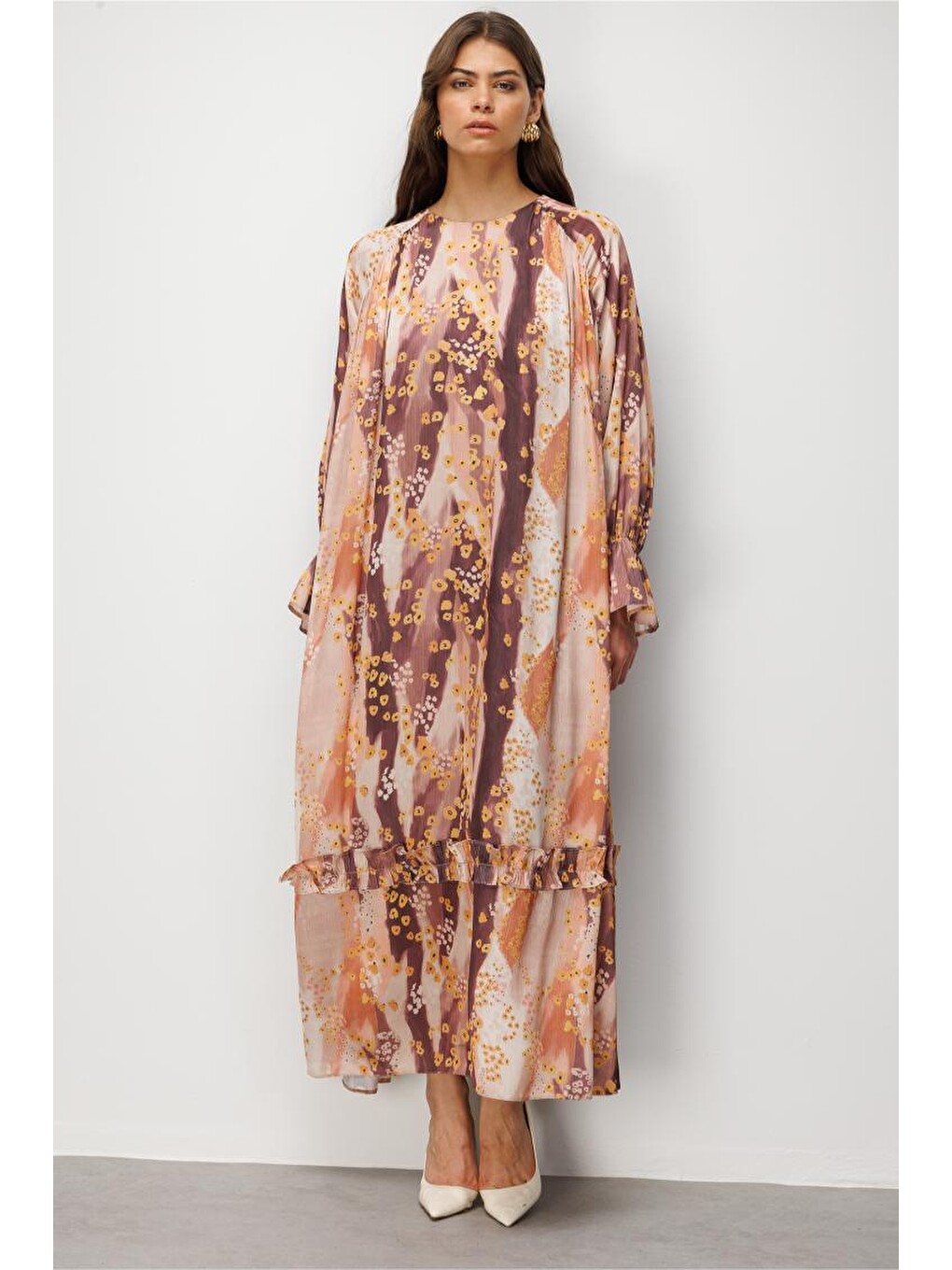 Pembe Desenli Floral Detaylı Maksi Elbise-1