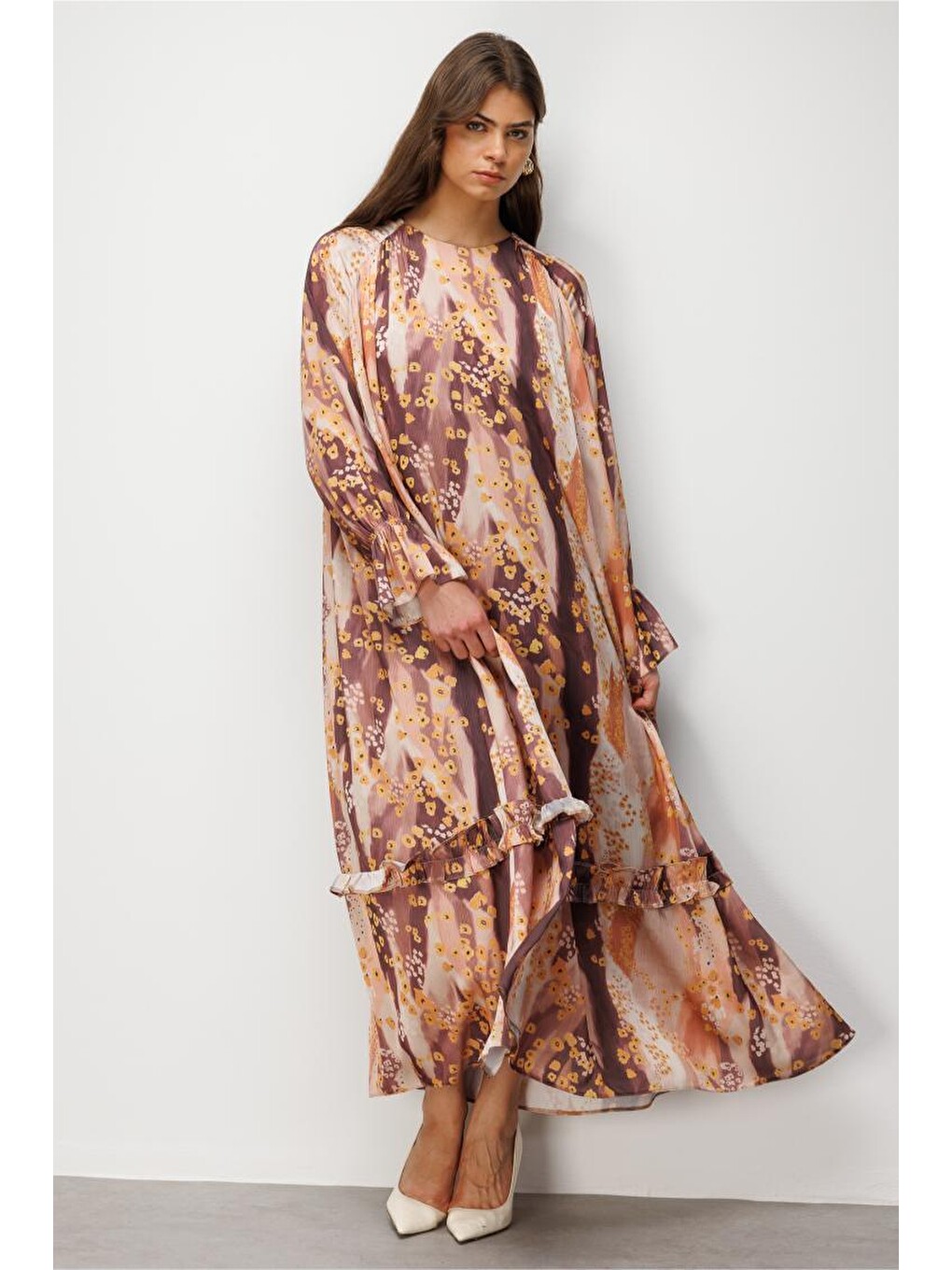 Pembe Desenli Floral Detaylı Maksi Elbise-2