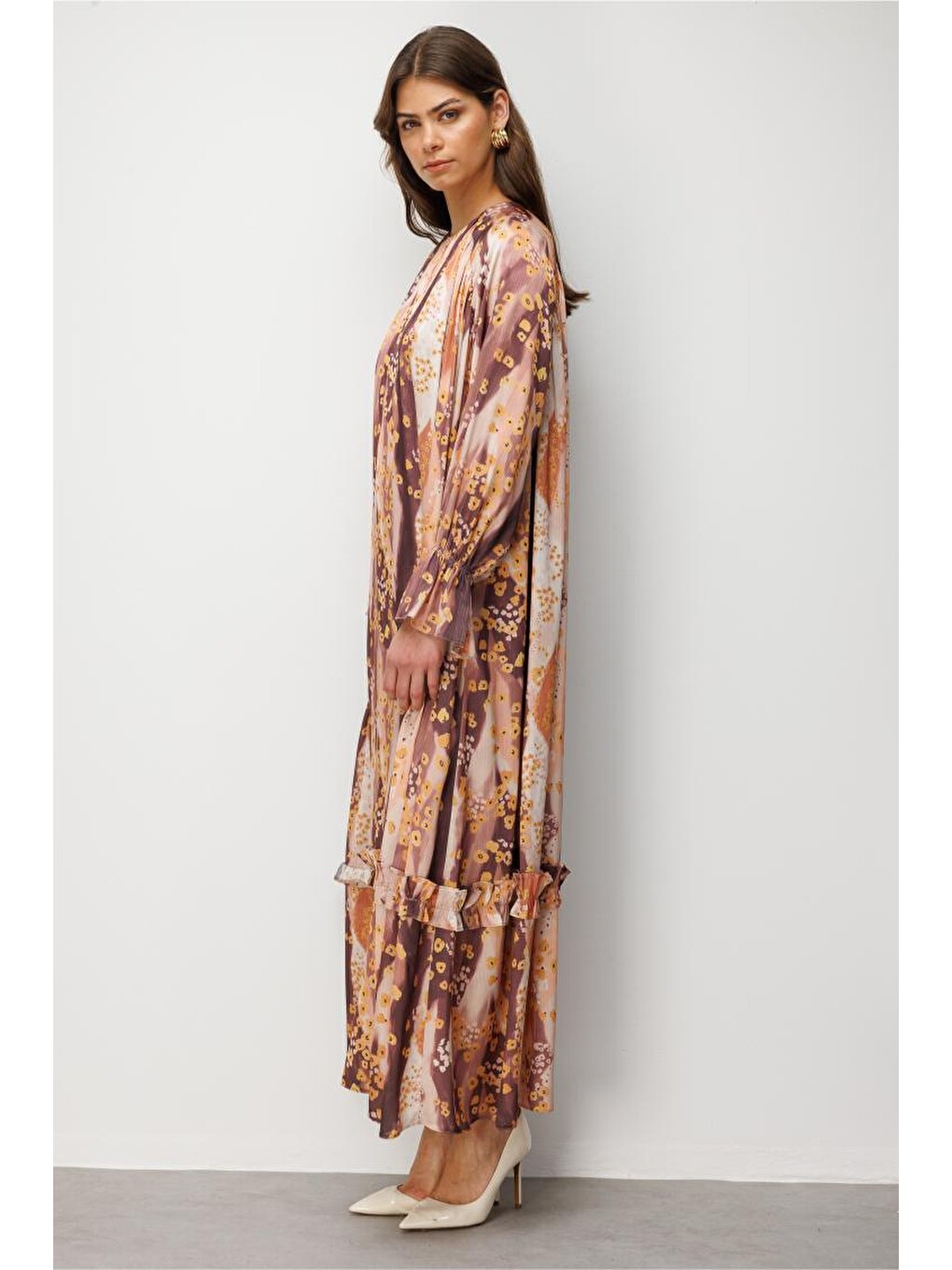 Pembe Desenli Floral Detaylı Maksi Elbise-3