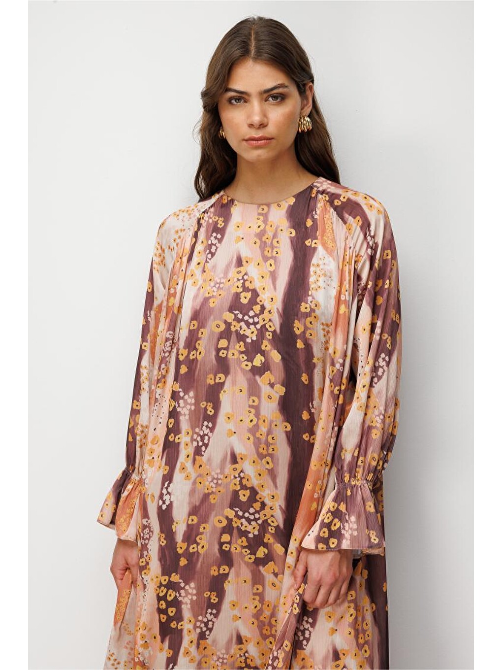 Pembe Desenli Floral Detaylı Maksi Elbise-4
