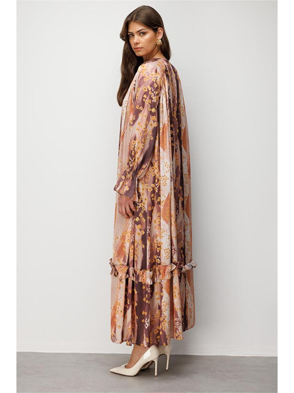 Pembe Desenli Floral Detaylı Maksi Elbise-5