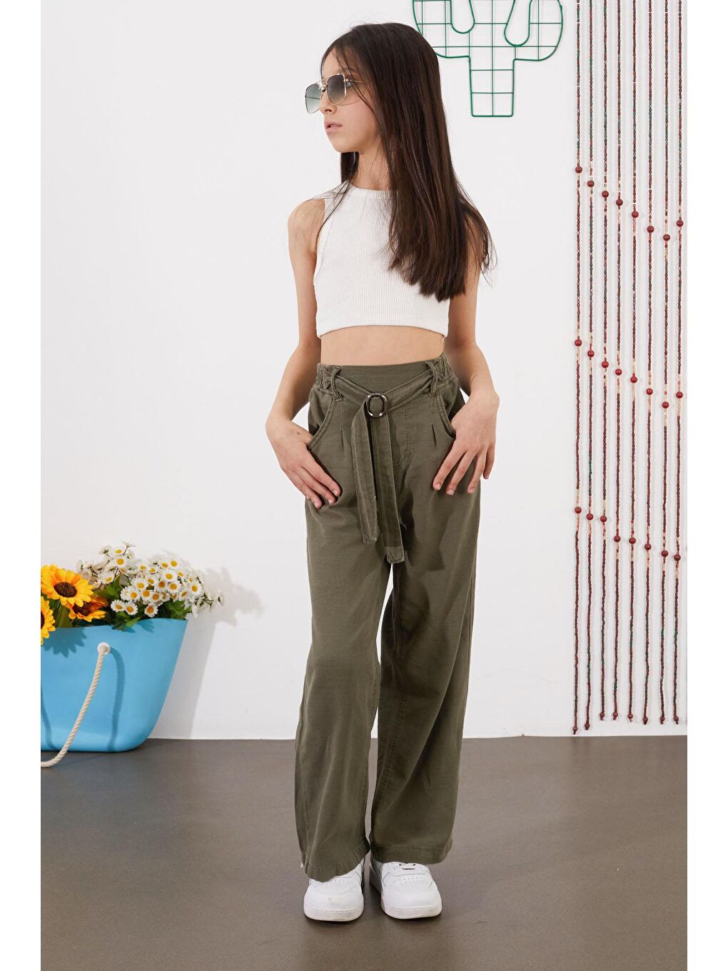 Haki Kuşaklı Beli Lastikli İspanyol Paça Kız Pantolon 18714-4