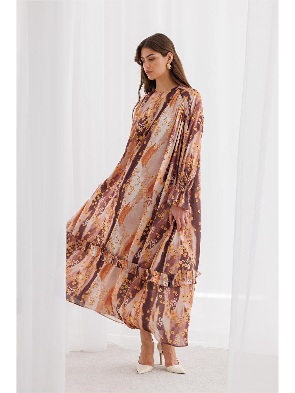 Pembe Desenli Floral Detaylı Maksi Elbise-7