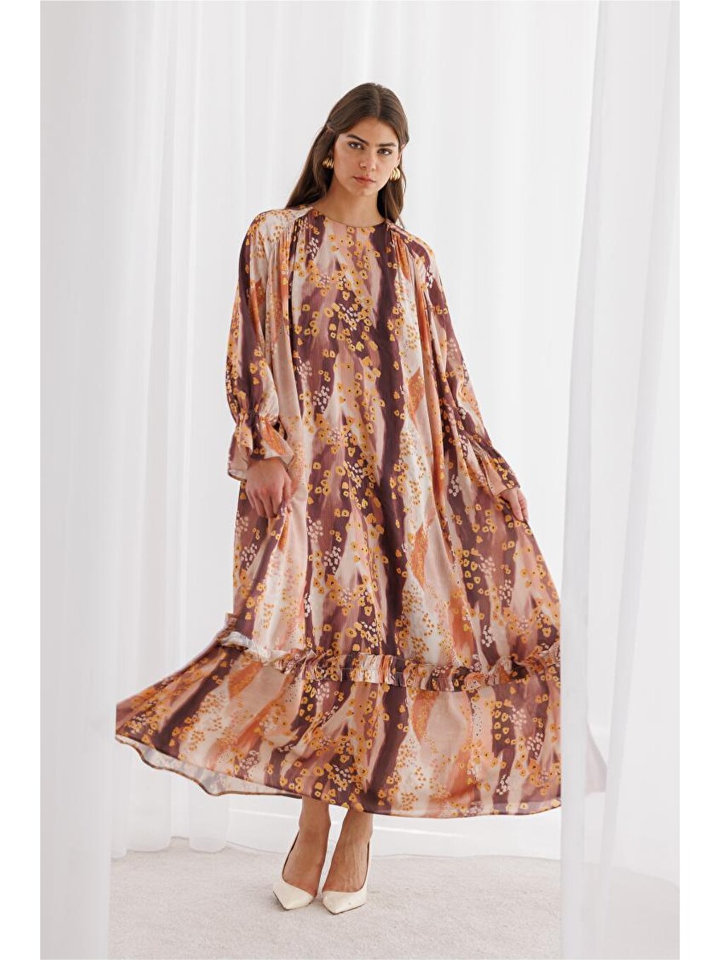 Pembe Desenli Floral Detaylı Maksi Elbise-8