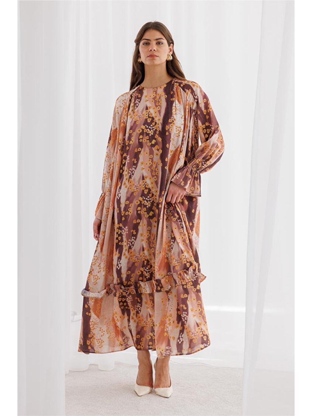 Pembe Desenli Floral Detaylı Maksi Elbise-9