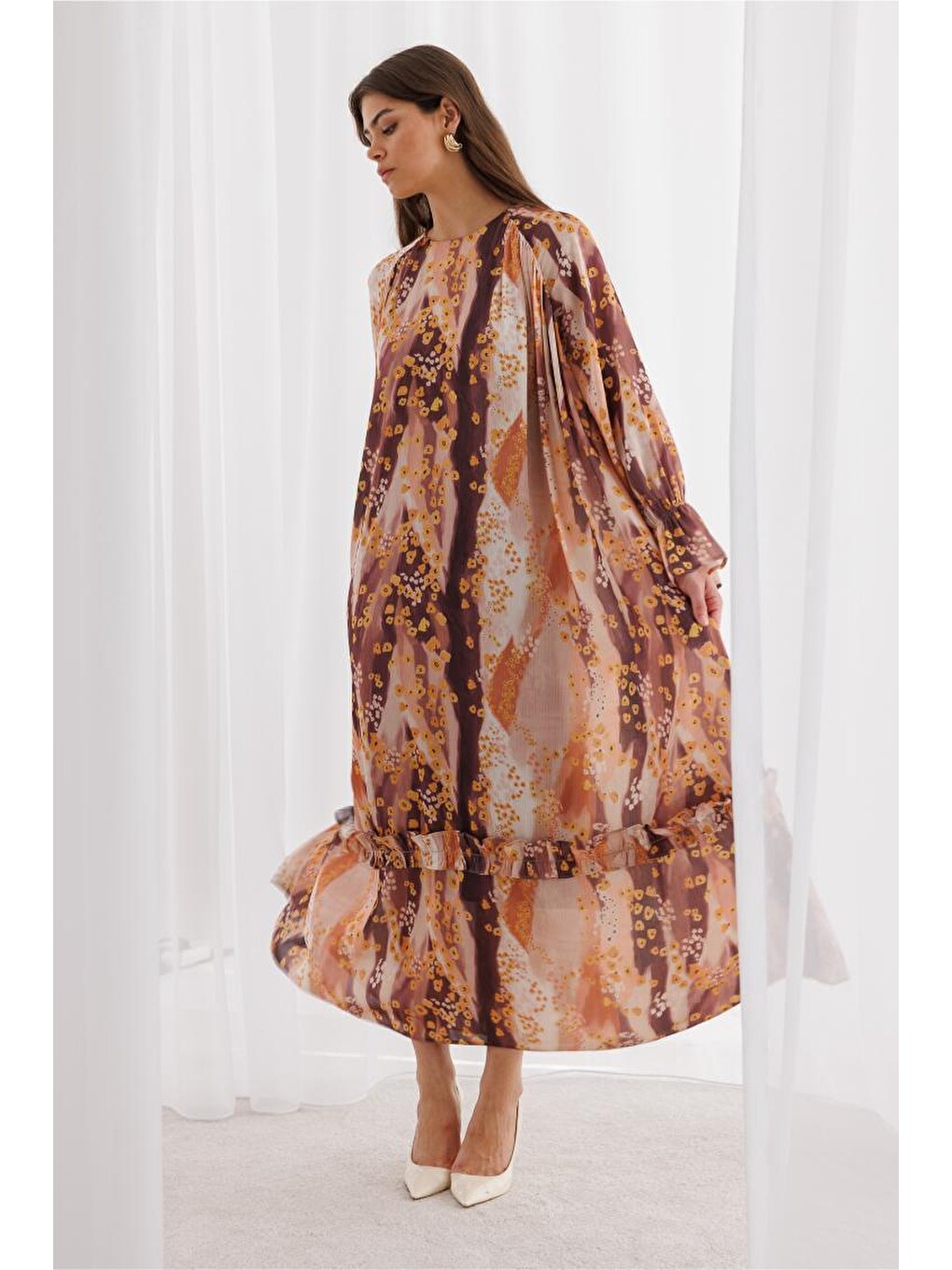 Pembe Desenli Floral Detaylı Maksi Elbise-10