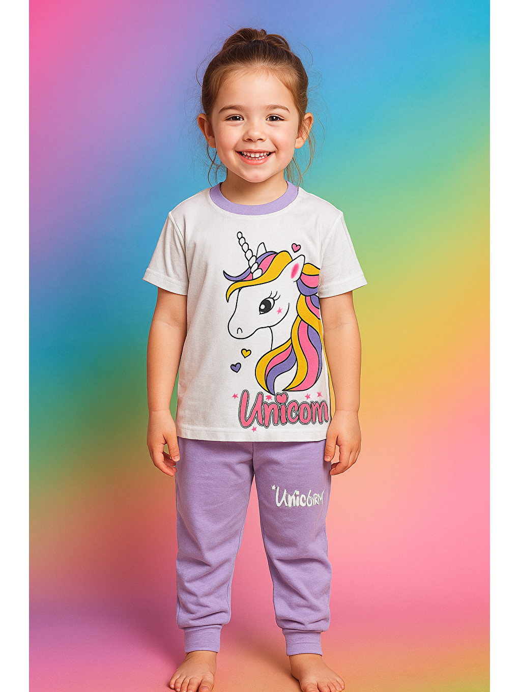 Karışık Kız Çocuk Desenli Kısa Kollu Pijama Takımı-1