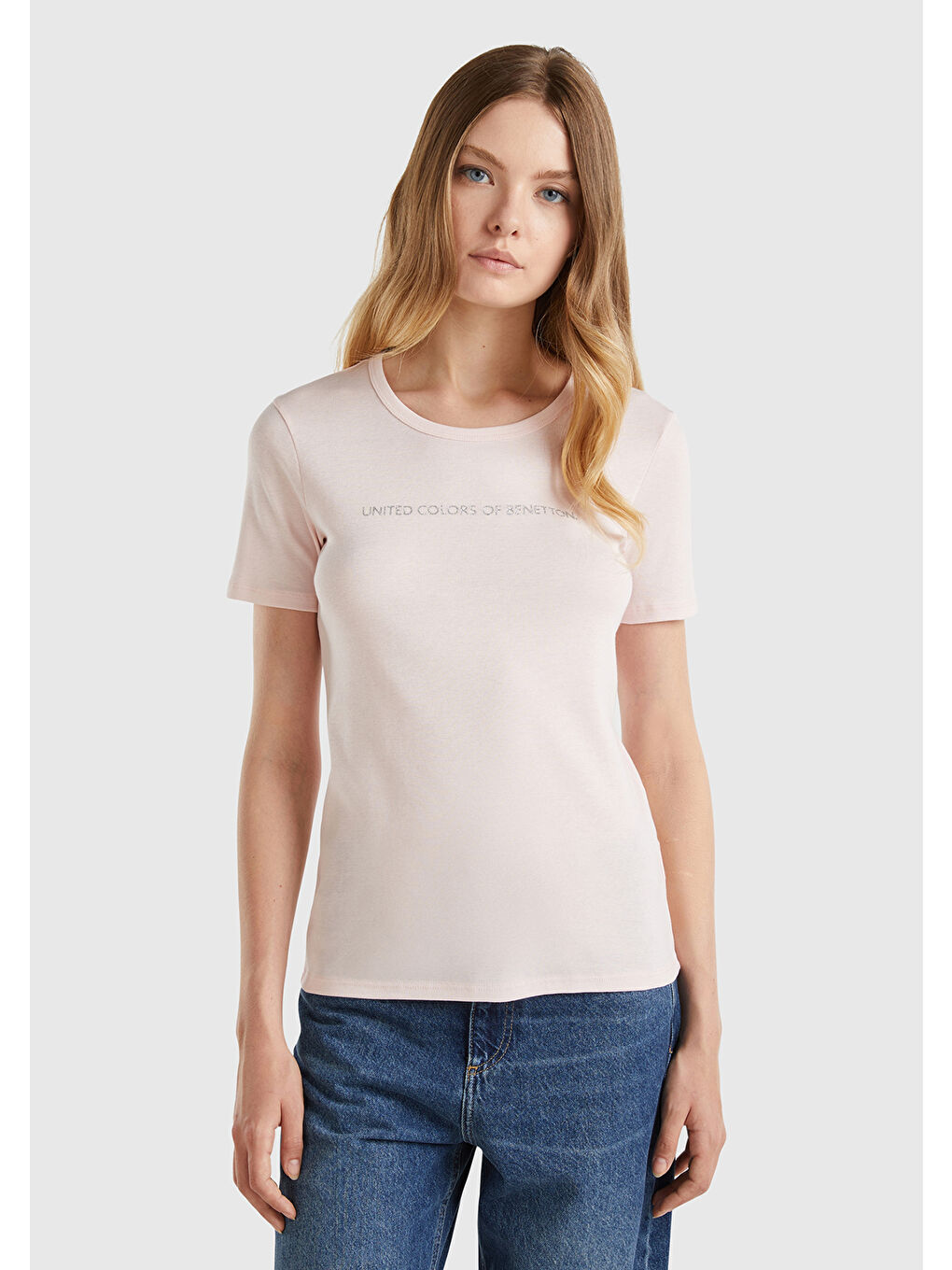 United Colors Of Benetton Kadın Toz Pembe  100 Pamuk Benetton Yazılı Basic T Shirt