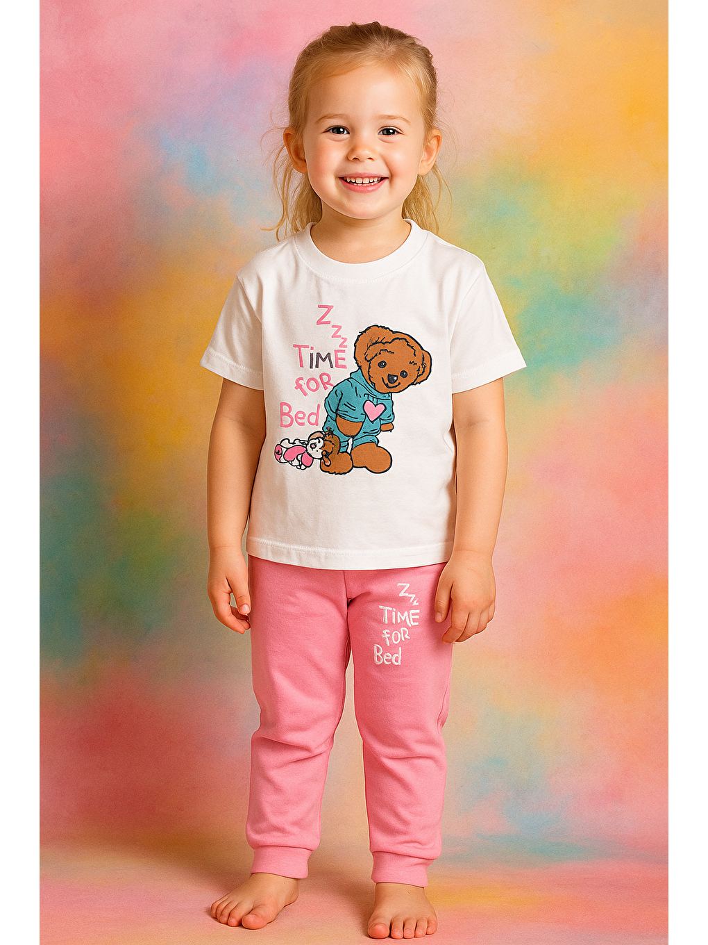 Karışık Kız Çocuk Uykucu Ayıcık Desenli Kısa Kollu Pijama Takımı-1