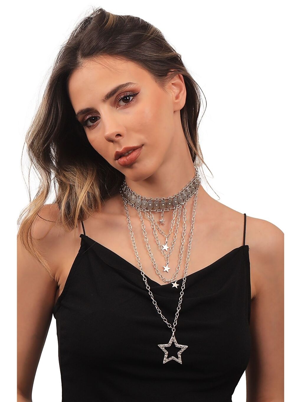 Gri Kadın Antik Gümüş Kaplama Yıldız Charm Detaylı Çoklu Zincir Kolye-1