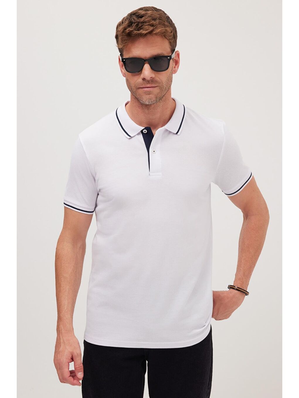 Erkek Slim Fit Dar Kesim %100 Pamuk Yumuşak Dokulu Serin Tutan Kumaş Düz Pike Beyaz Polo Yaka Tişört-2