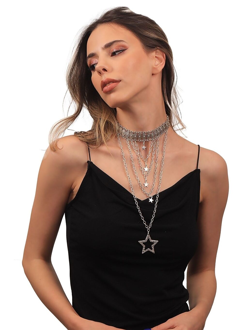 Gri Kadın Antik Gümüş Kaplama Yıldız Charm Detaylı Çoklu Zincir Kolye-2