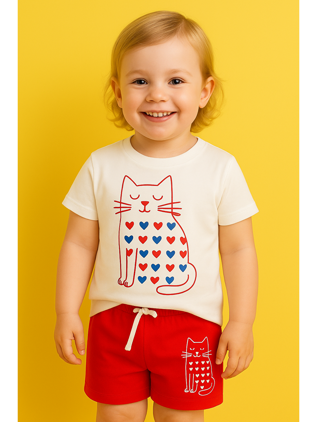 Karışık Kız Çocuk Kedi Desenli Şortlu Pijama Takımı