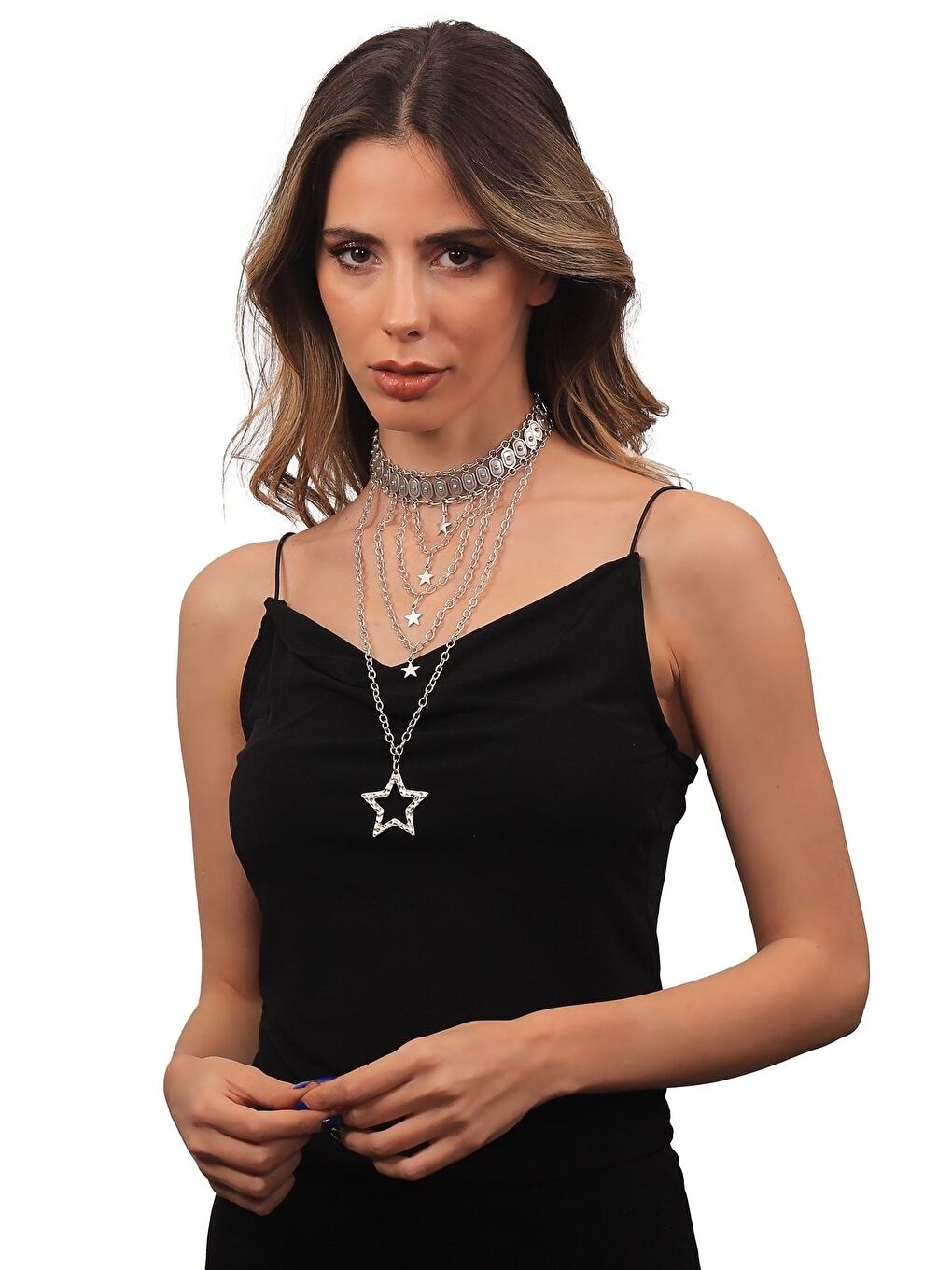 Gri Kadın Antik Gümüş Kaplama Yıldız Charm Detaylı Çoklu Zincir Kolye-4