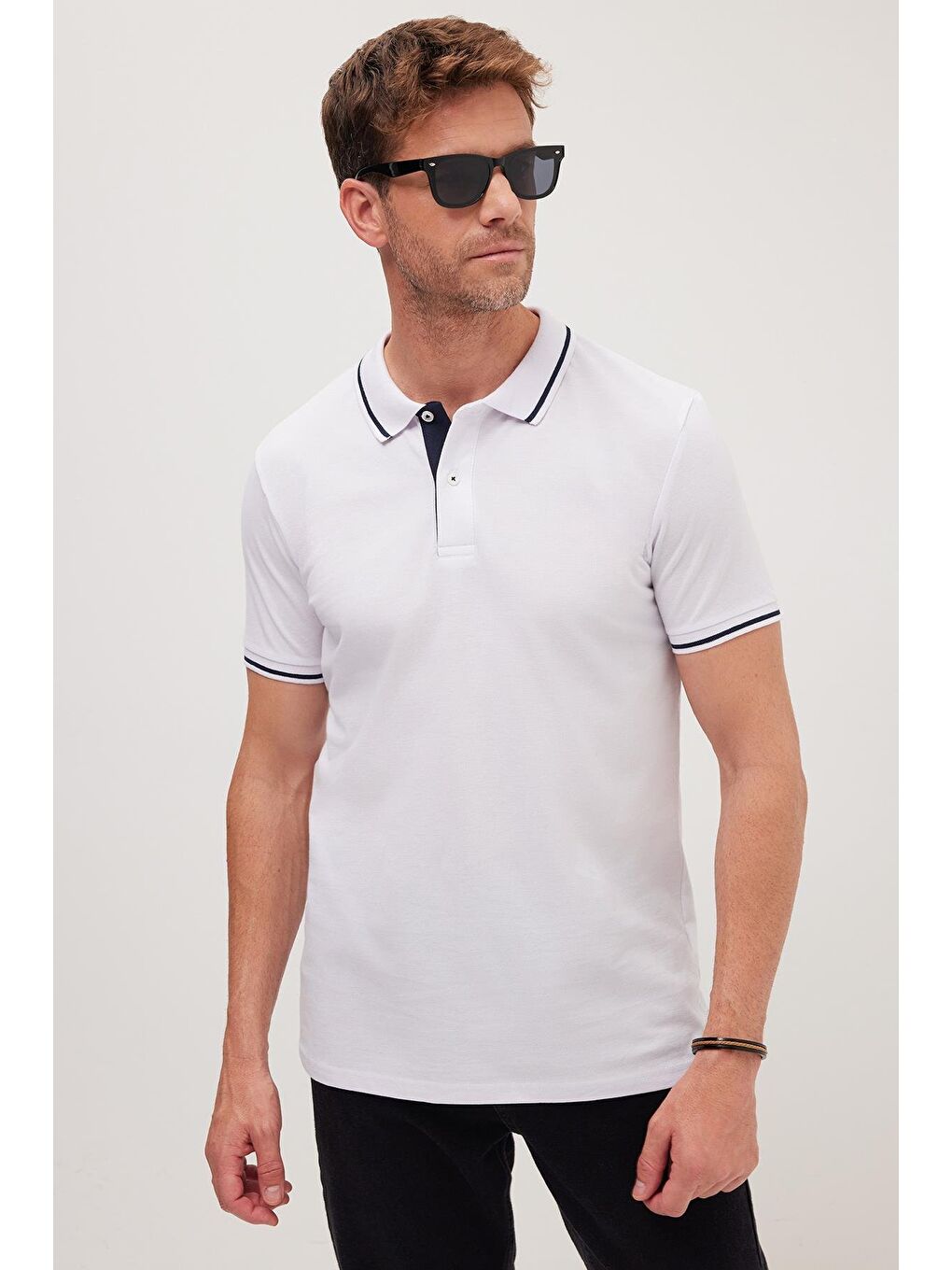 Erkek Slim Fit Dar Kesim %100 Pamuk Yumuşak Dokulu Serin Tutan Kumaş Düz Pike Beyaz Polo Yaka Tişört-5
