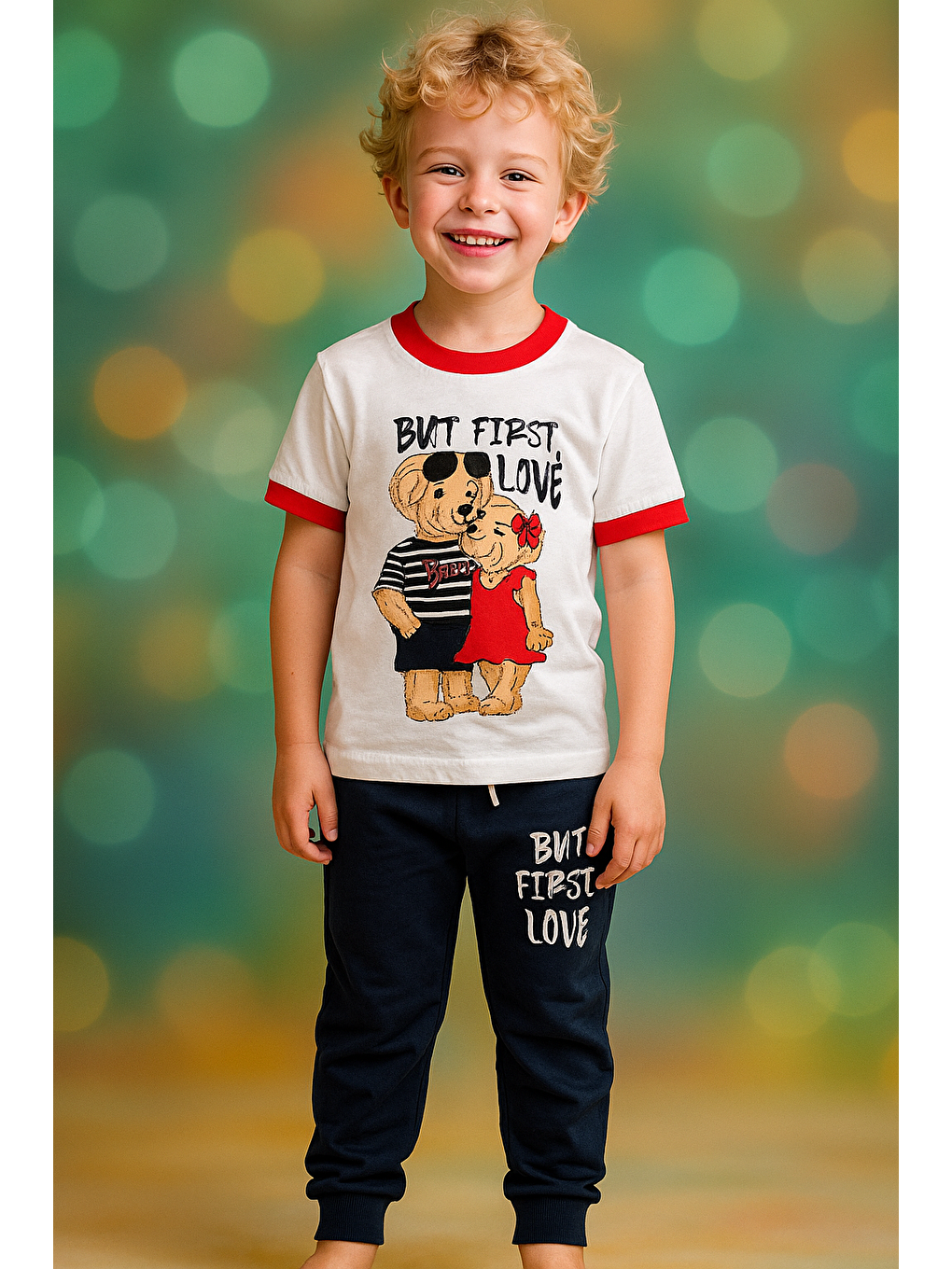 Karışık Çocuk Love Ayıcık Desenli Kısa Kollu Pijama Takımı-1