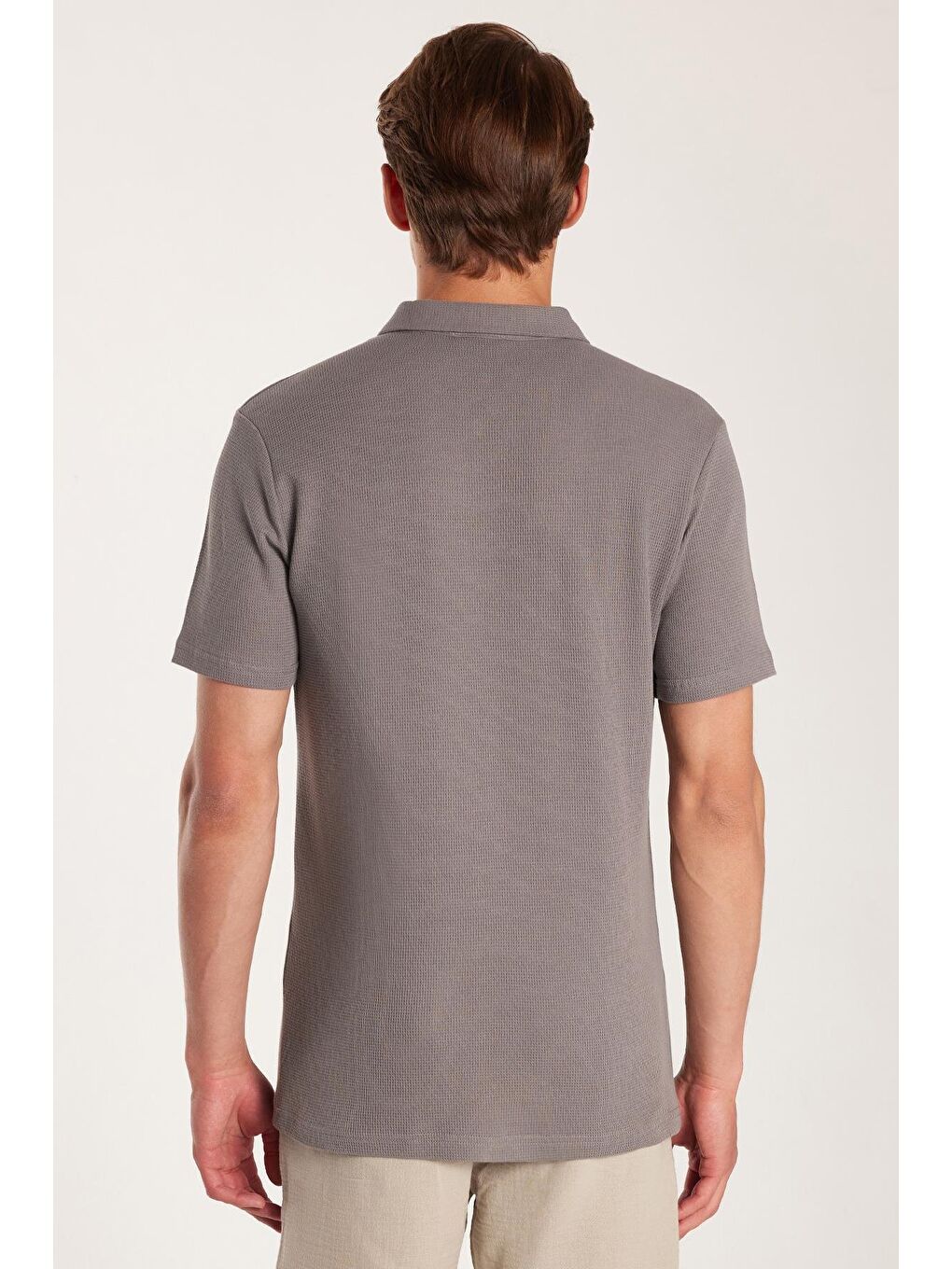 Erkek Slim Fit Dar Kesim %100 Pamuk Fermuarlı Gri Polo Yaka Tişört-4