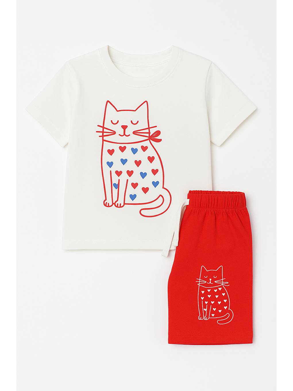 Karışık Kız Çocuk Kedi Desenli Şortlu Pijama Takımı-1