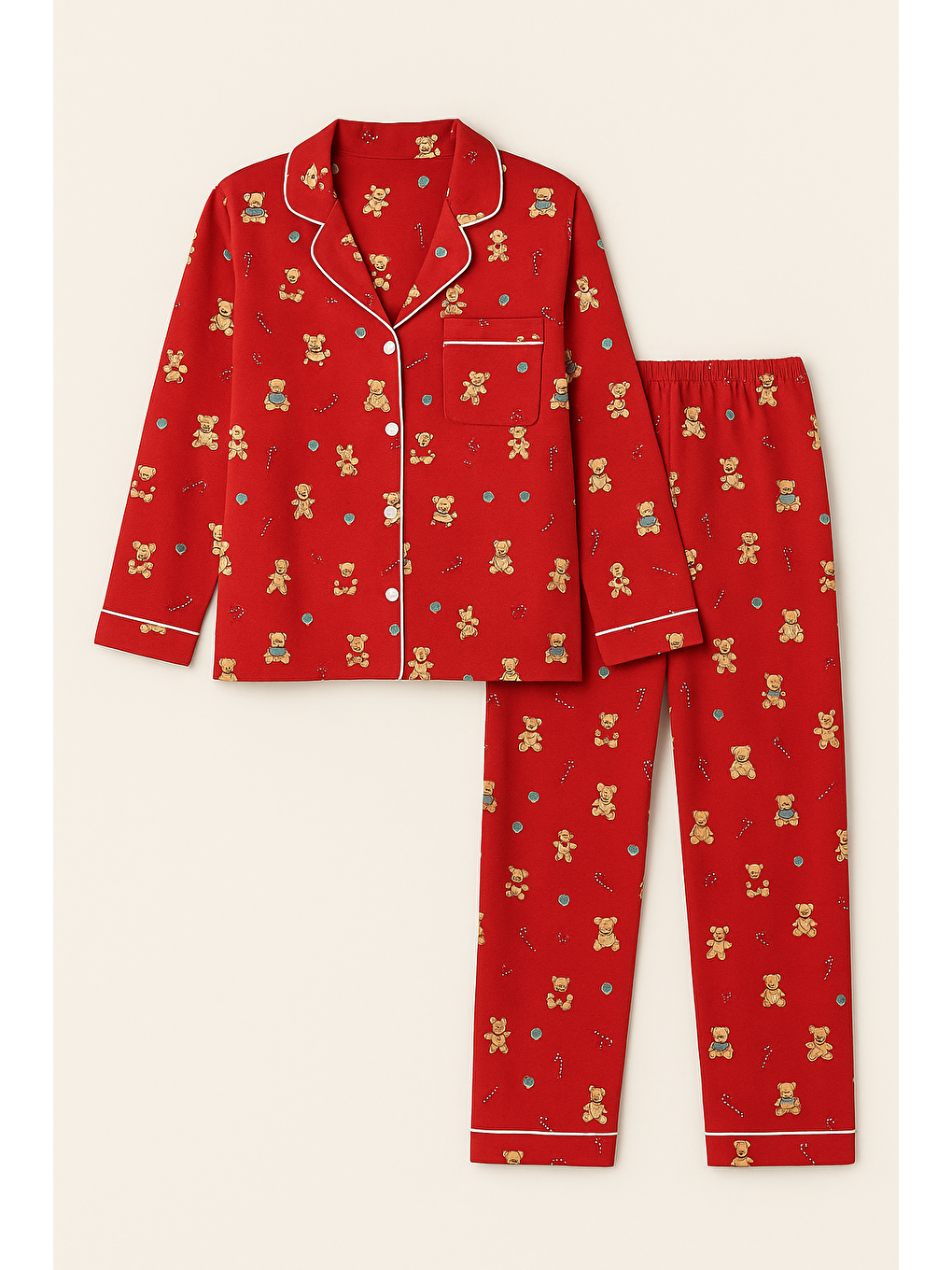 Kız Çocuk Teddy Desenli Yılbaşı Temalı Pijama Takımı Kırmızı-2