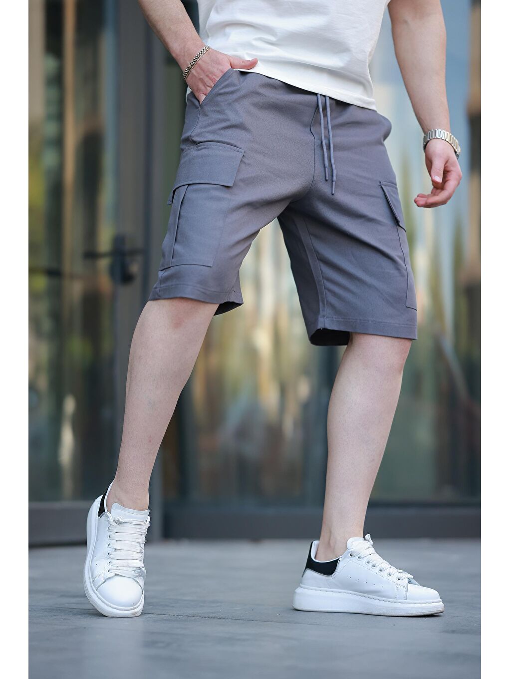 Gri Füme Kargo Cepli Erkek Şort E6571-2