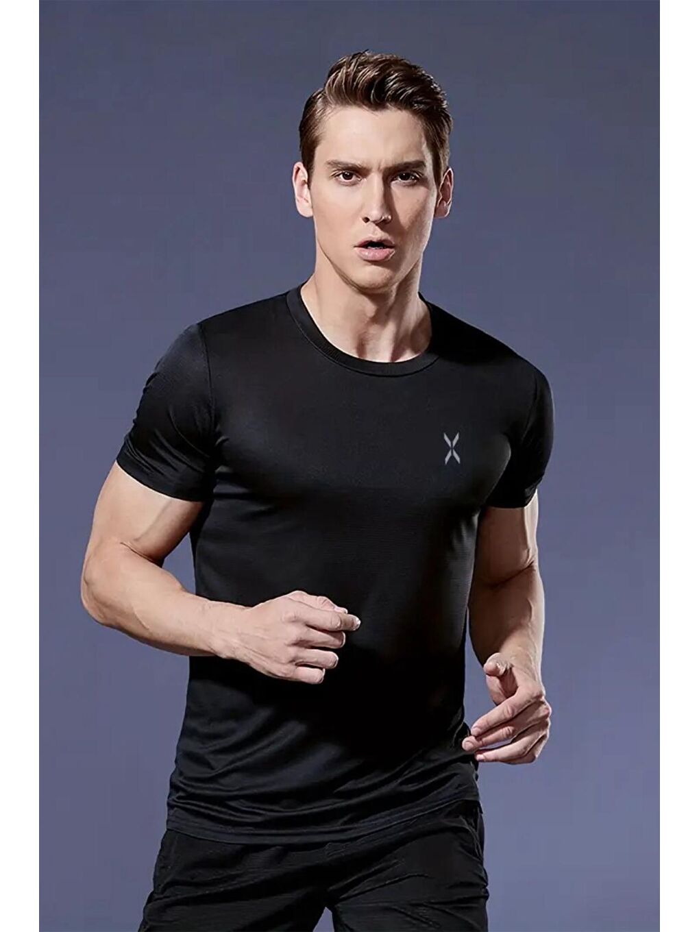 Siyah Xylon Mikro Polyester Nefes Alabilen Hafif Perform Antrenman Sporcu Erkek Tshirt
