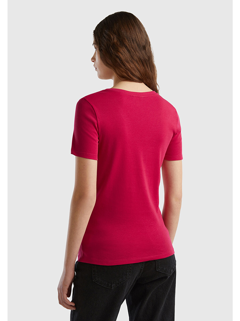 United Colors Of Benetton Kadın Fuşya %100 Pamuk V Yaka Basic T-Shirt - 2