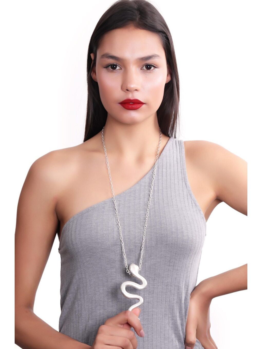 Gri Kadın Antik Gümüş Kaplama Yılan Figürlü Kolye-4