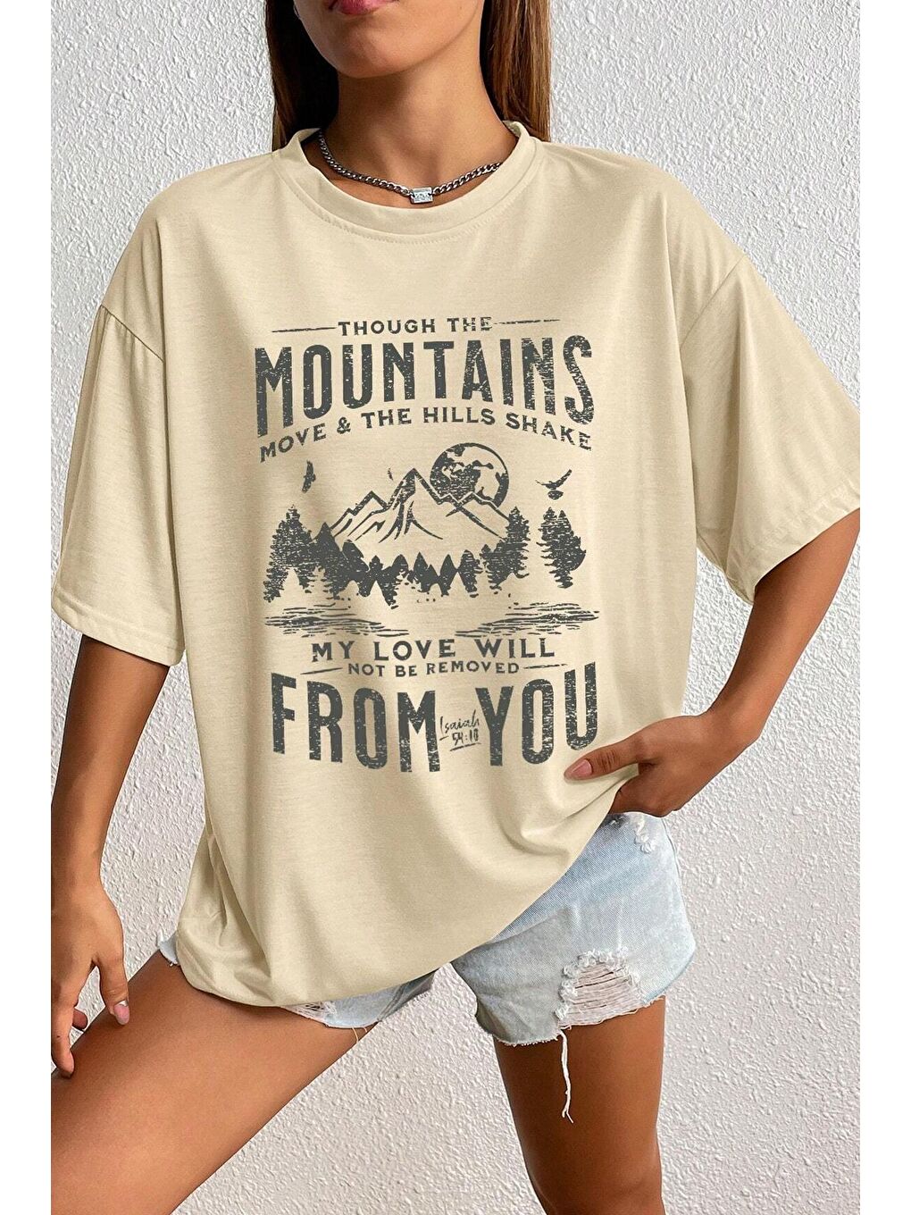 uyguntarz Bej Unisex Mountains Baskılı Tasarım Tshirt