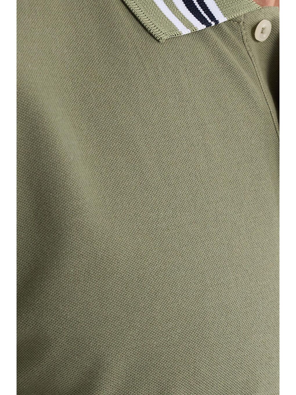 Erkek Slim Fit Dar Kesim %100 Pamuk Düz Pike Yaka Ve Kol Detaylı Haki Polo Yaka Tişört-5