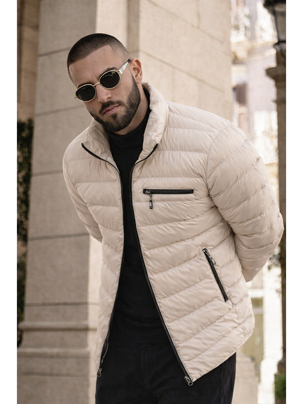 Ekru Erkek Günlük Cepli Basic Astarlı Krem Şişme Mont-1