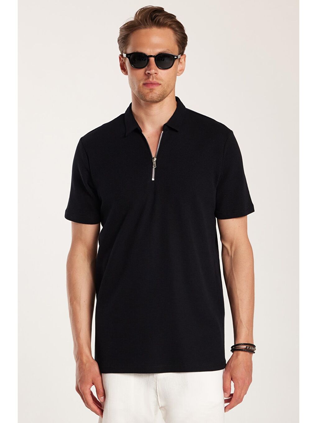Erkek Slim Fit Dar Kesim %100 Pamuk Fermuarlı Siyah Polo Yaka Tişört-3