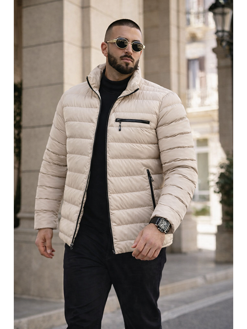 Ekru Erkek Günlük Cepli Basic Astarlı Krem Şişme Mont-2