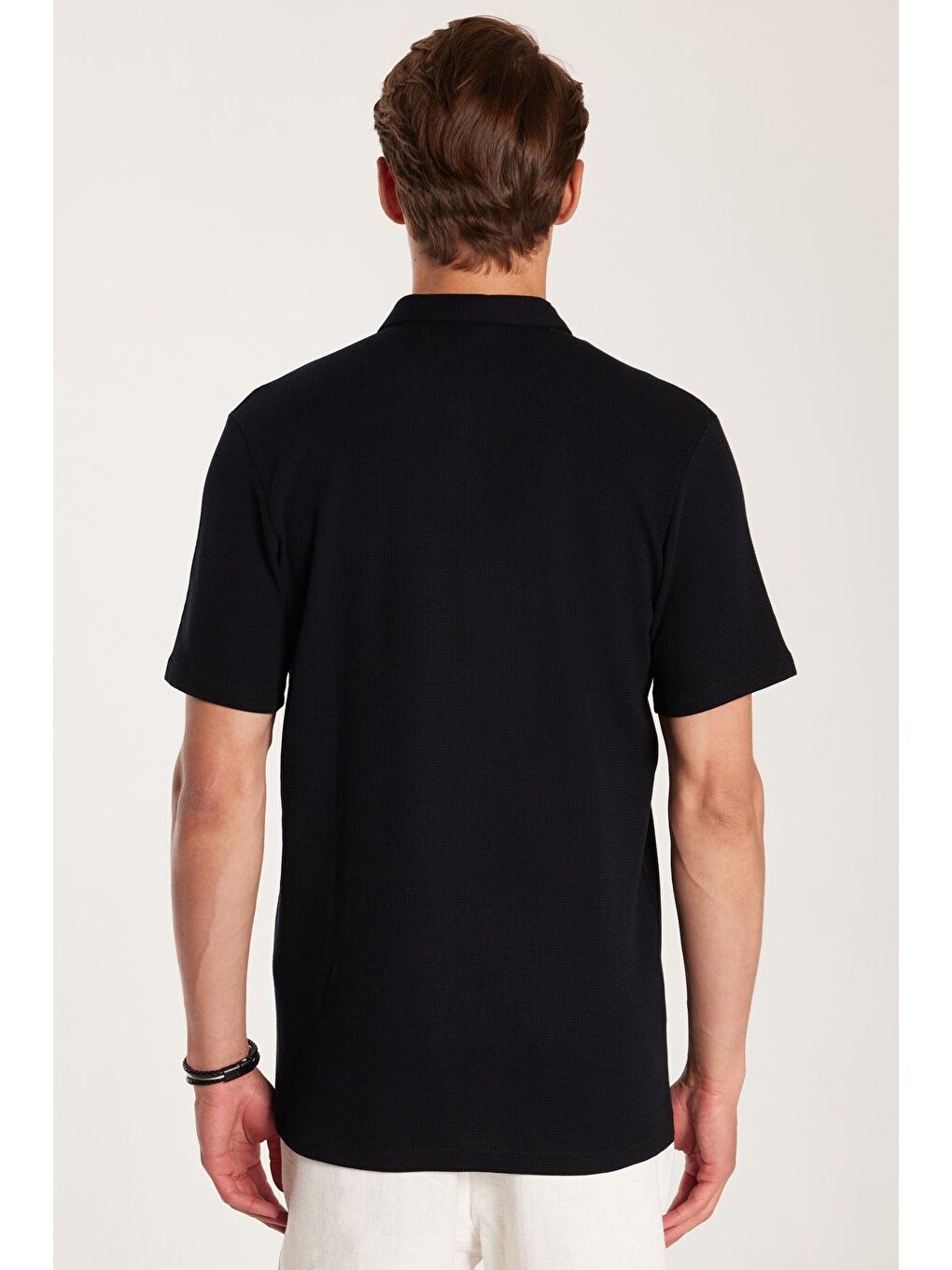 Erkek Slim Fit Dar Kesim %100 Pamuk Fermuarlı Siyah Polo Yaka Tişört-4
