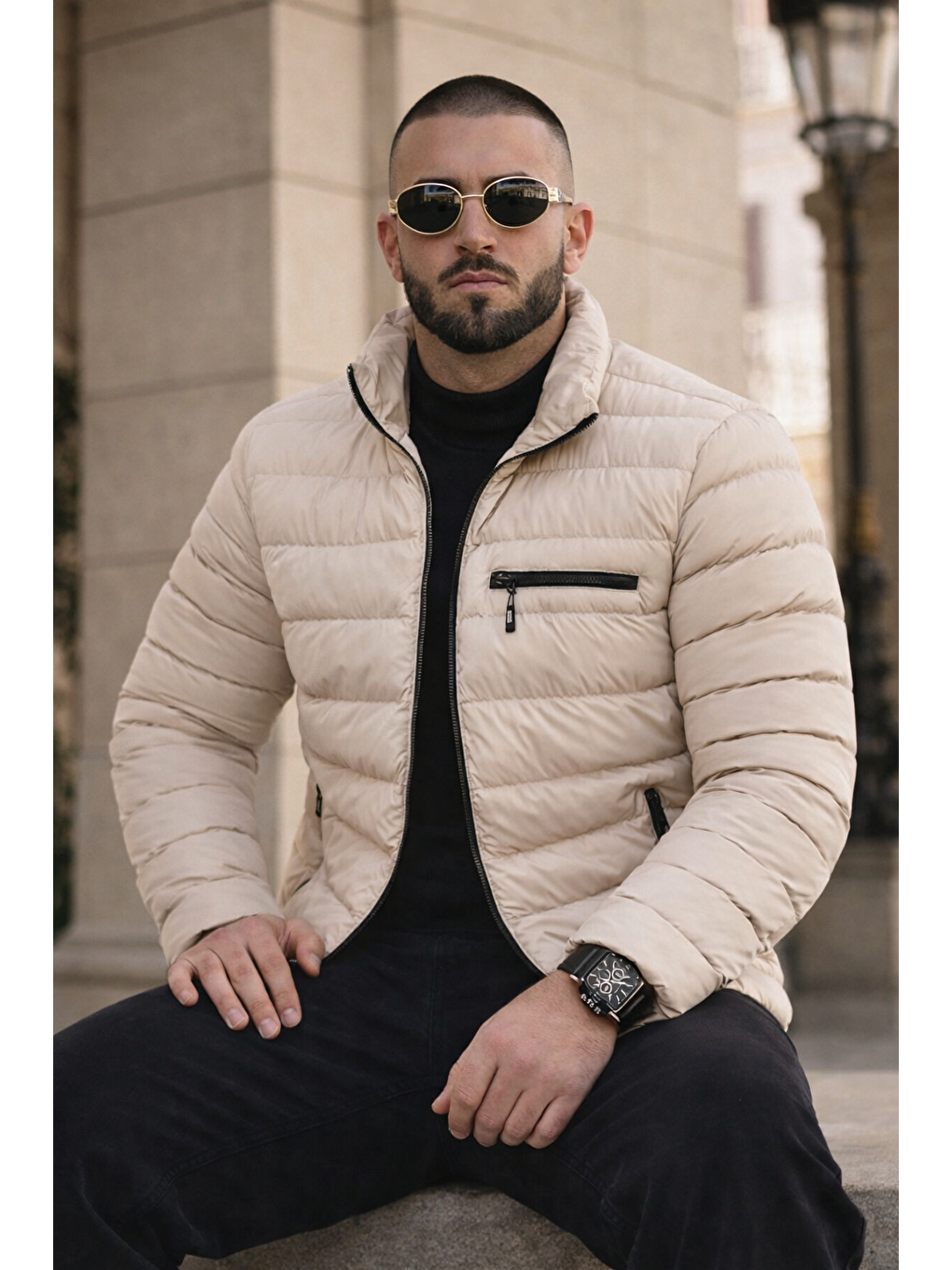 Ekru Erkek Günlük Cepli Basic Astarlı Krem Şişme Mont-3