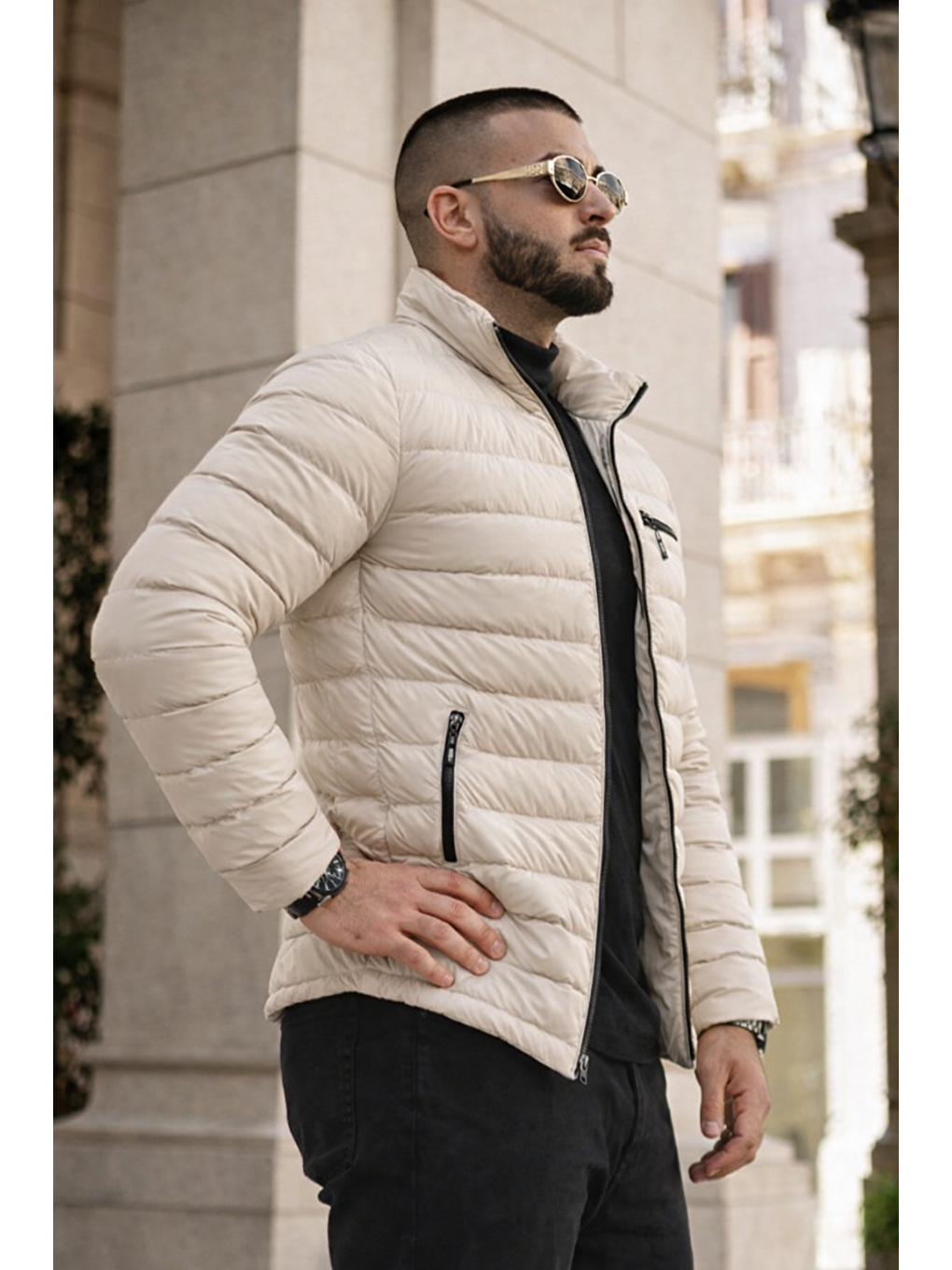 Ekru Erkek Günlük Cepli Basic Astarlı Krem Şişme Mont-4