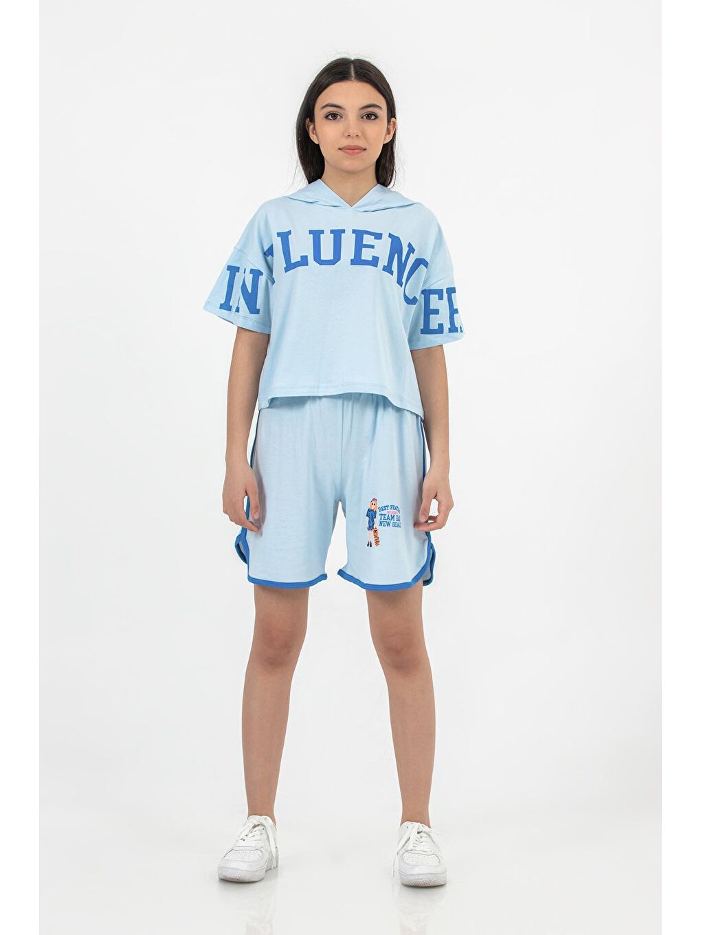 Mavi Kız Çocuk Kapüşonlu Şortlu Alt-Üst Takım-10-13 Yaş-1