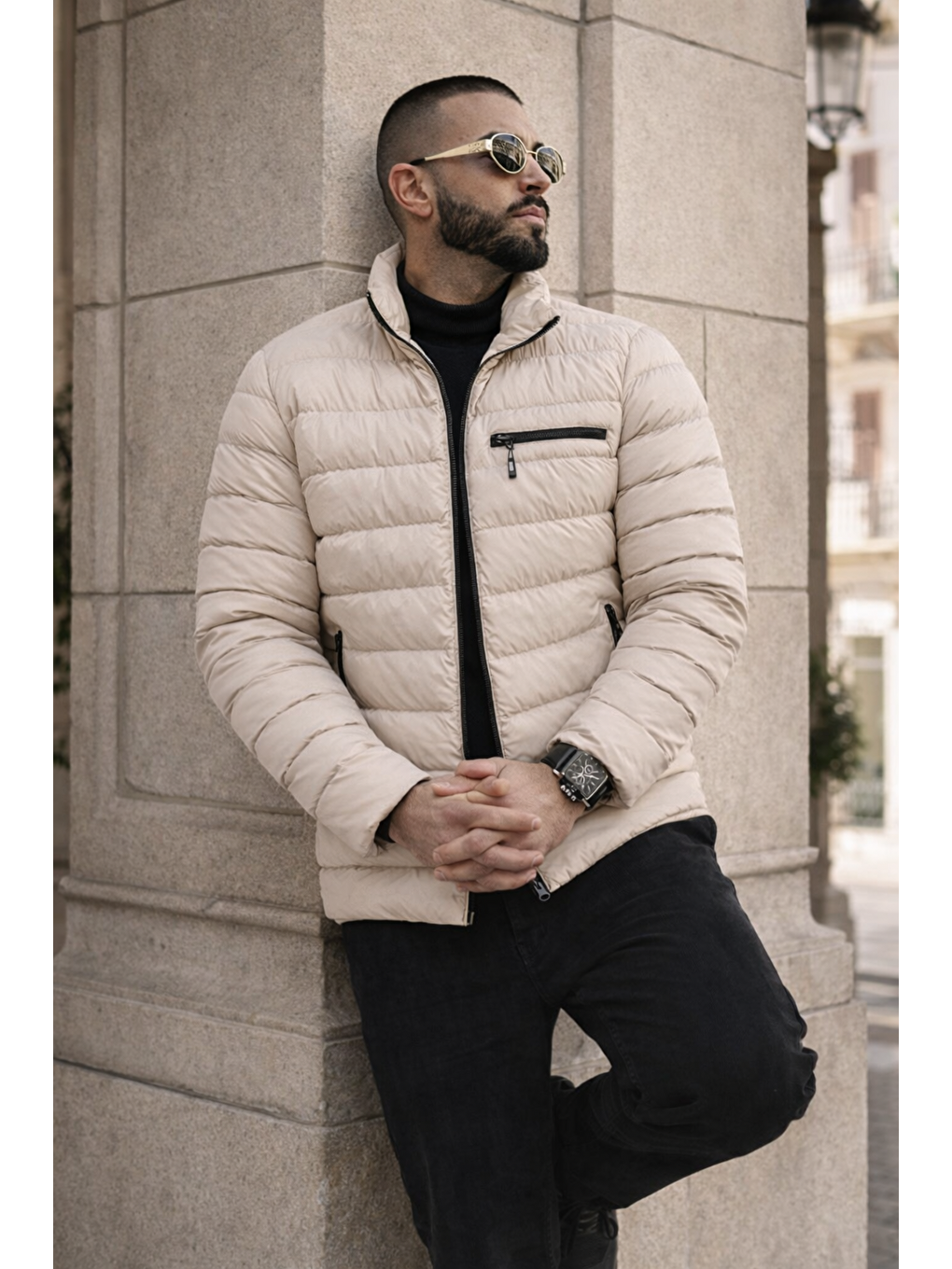 Ekru Erkek Günlük Cepli Basic Astarlı Krem Şişme Mont-5