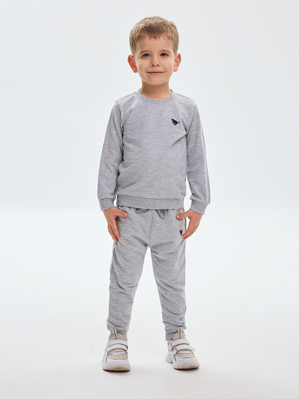 Gri Bisiklet Yaka Baskılı Erkek Çocuk Sweatshirt ve Eşofman Alt 2'li Takım