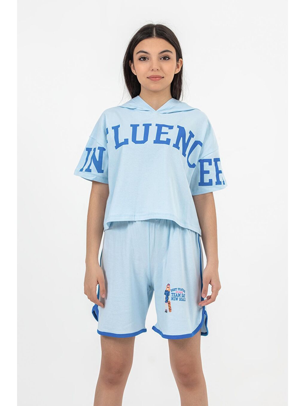 Mavi Kız Çocuk Kapüşonlu Şortlu Alt-Üst Takım-10-13 Yaş-2