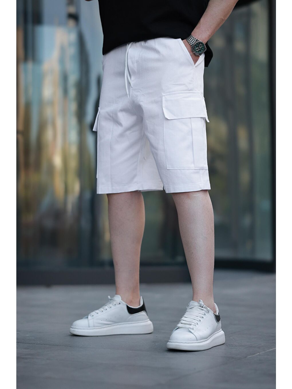 Beyaz Kargo Cepli Erkek %100 Pamuk Kargo Şort E6571