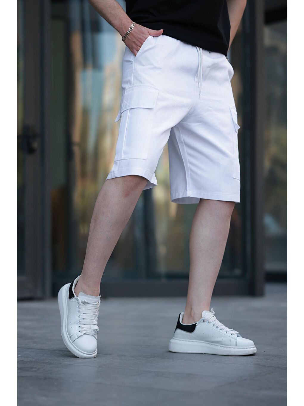 Beyaz Kargo Cepli Erkek %100 Pamuk Kargo Şort E6571-1