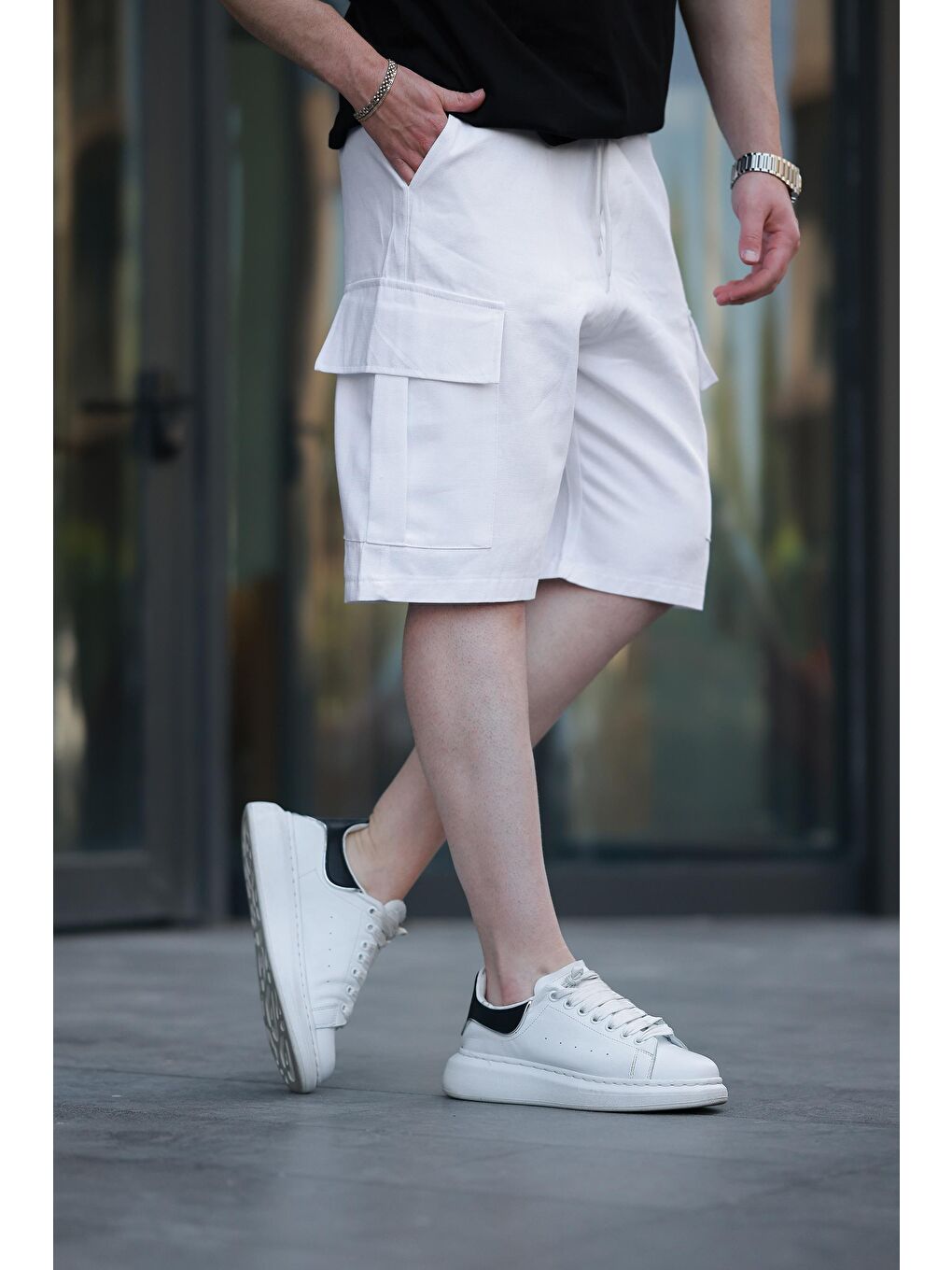 Beyaz Kargo Cepli Erkek %100 Pamuk Kargo Şort E6571-2