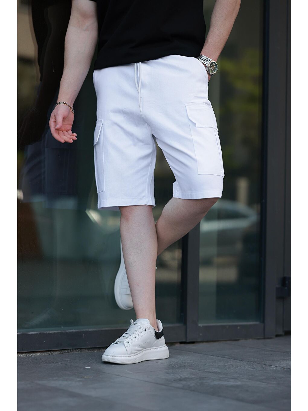 Beyaz Kargo Cepli Erkek %100 Pamuk Kargo Şort E6571-3