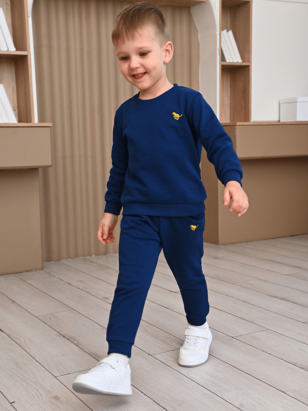 Lacivert Bisiklet Yaka Baskılı Erkek Çocuk Sweatshirt ve Eşofman Alt 2'li Takım