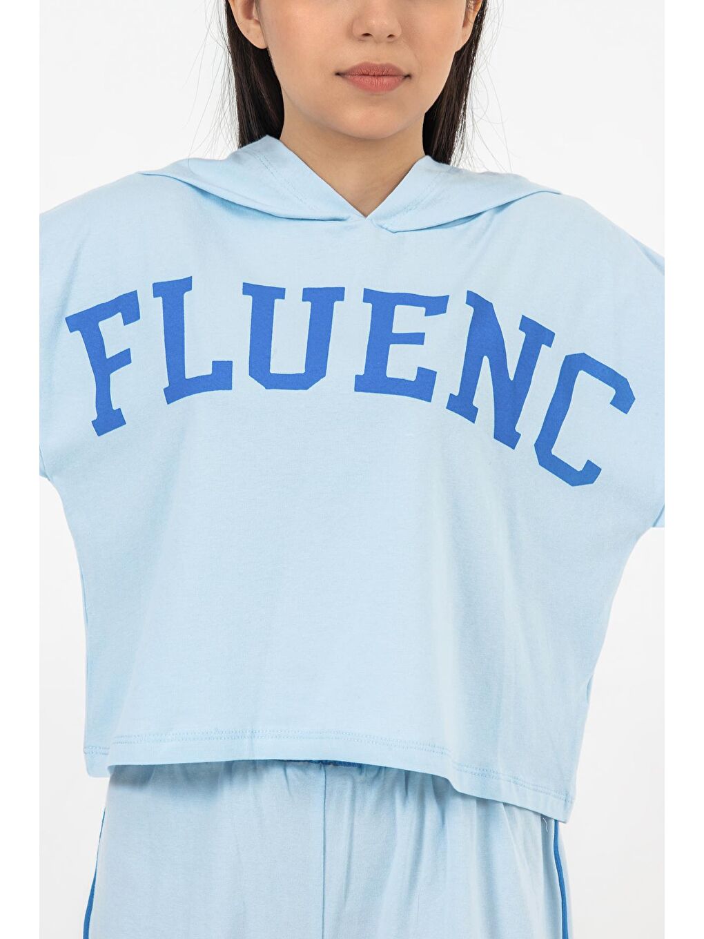 Mavi Kız Çocuk Kapüşonlu Şortlu Alt-Üst Takım-10-13 Yaş-4