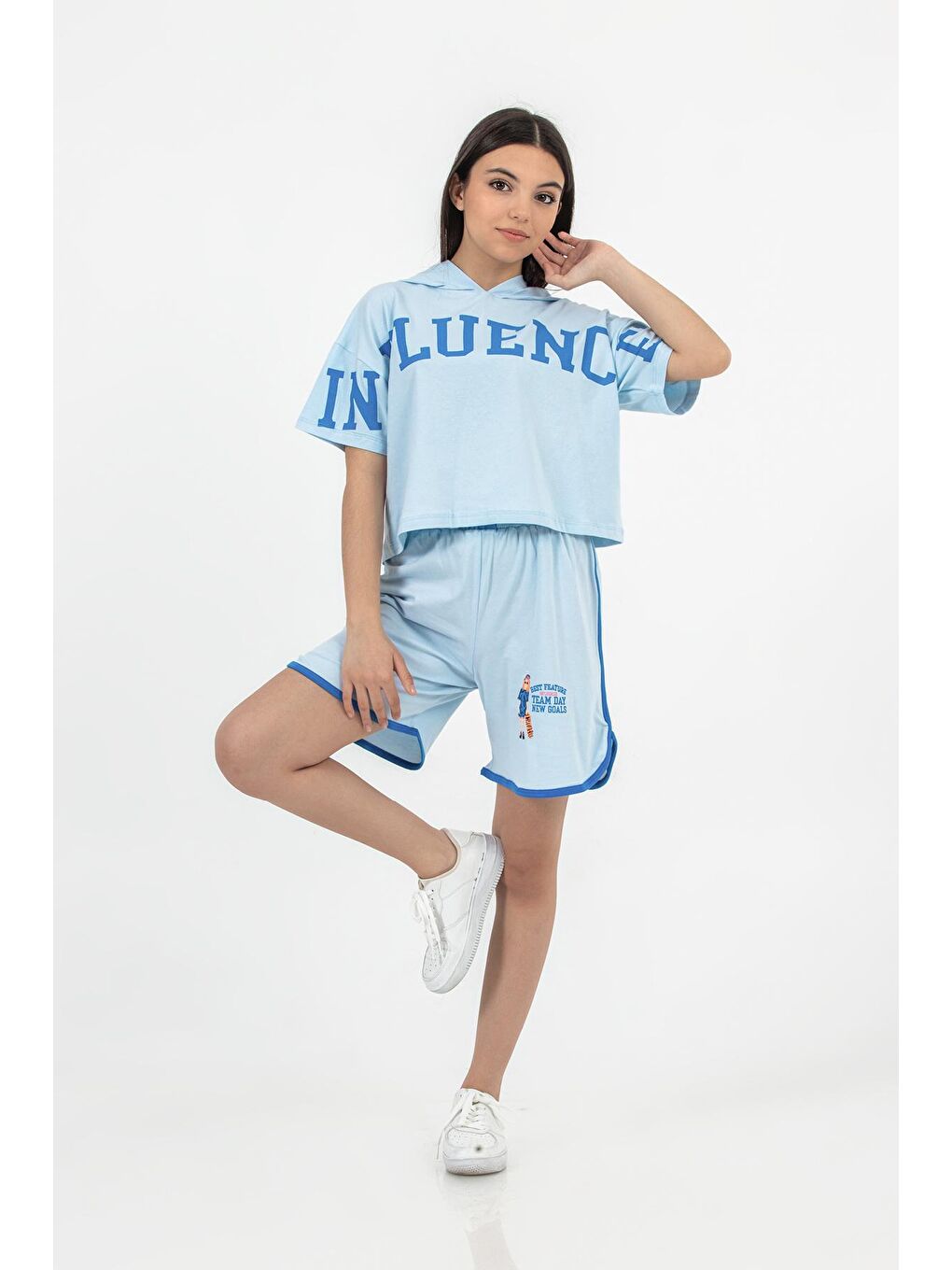 Mavi Kız Çocuk Kapüşonlu Şortlu Alt-Üst Takım-10-13 Yaş-5