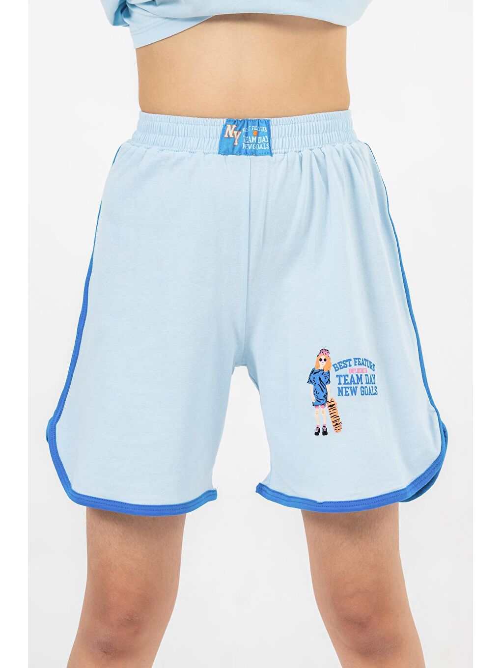 Mavi Kız Çocuk Kapüşonlu Şortlu Alt-Üst Takım-10-13 Yaş-6